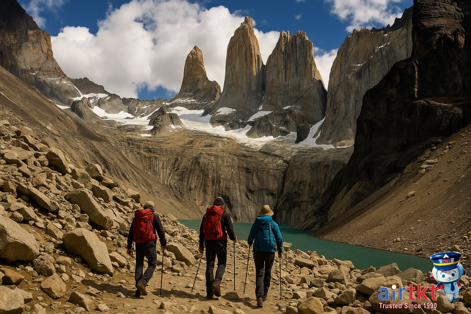 Hikers trekking Torres del Paine granite peaks on rocky trail