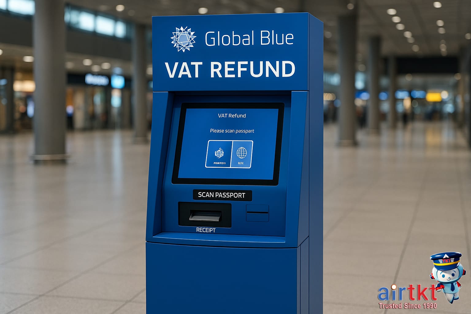 Global Blue VAT refund kiosk at airport for international travelers