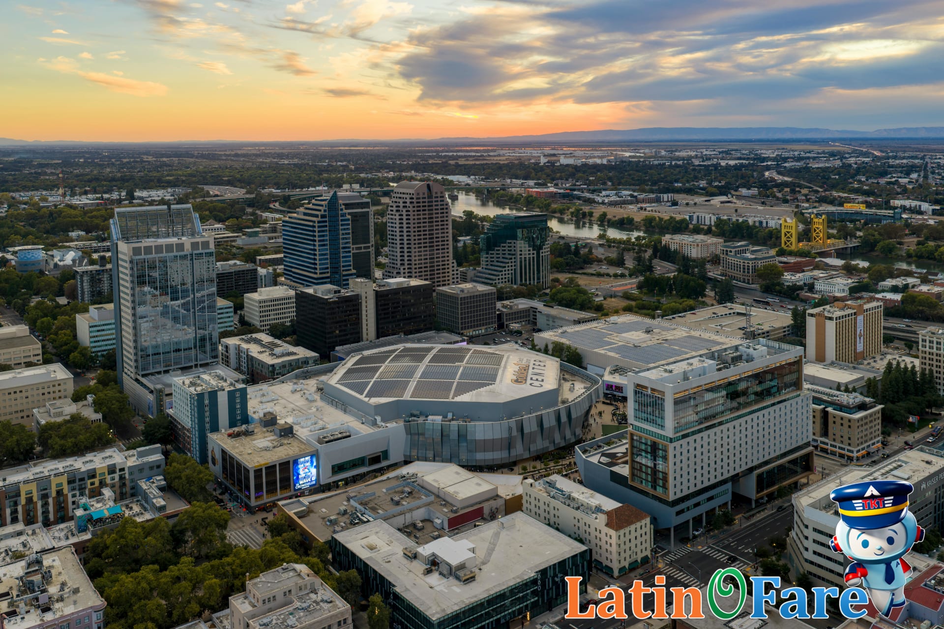 NBA Finals banners displayed across host city skyline at sunset for championship excitement.