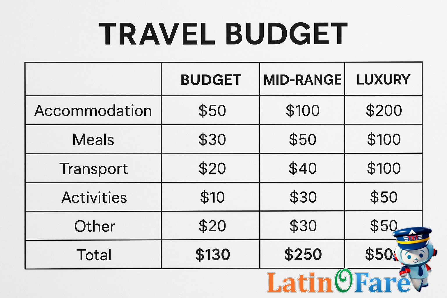 Example travel budget tiers for planning your trip using fixed US dollar values.