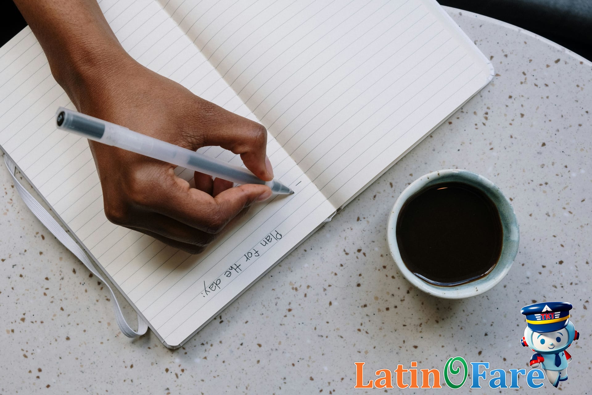 Travel budgeting goals written on notepad beside coffee mug for building a travel budget.