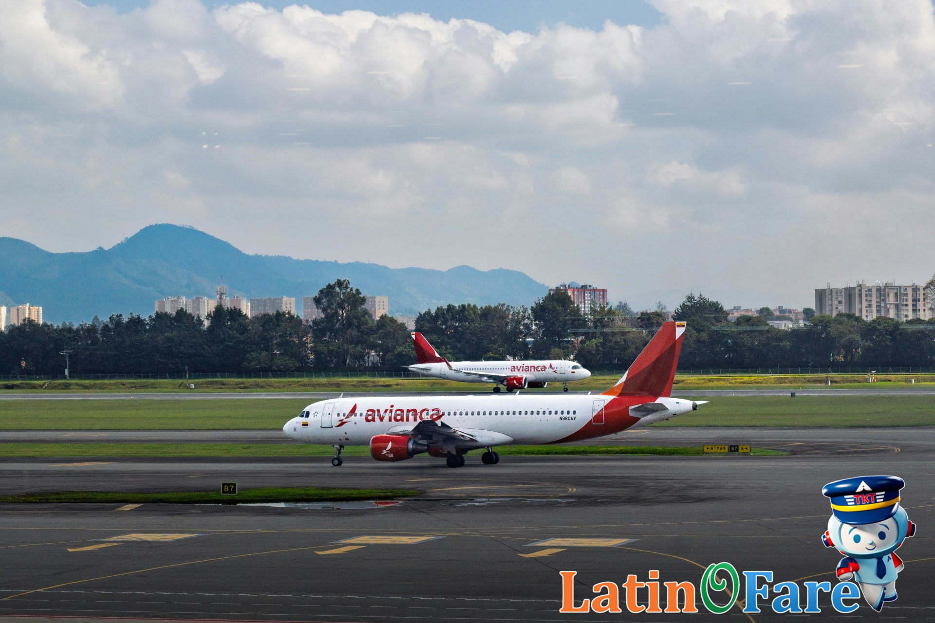 Avianca jets at Bogotá El Dorado International Airport terminal with South America travelers visible outside.