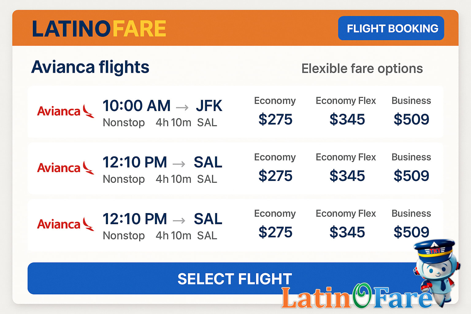 LatinoFare flight booking interface with Avianca flight options and flexible search filters highlighted.