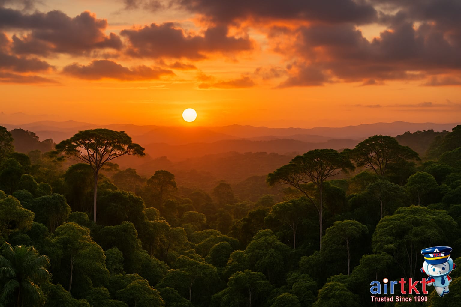 Sunrise over Costa Rica rainforest canopy with golden light and vibrant sky
