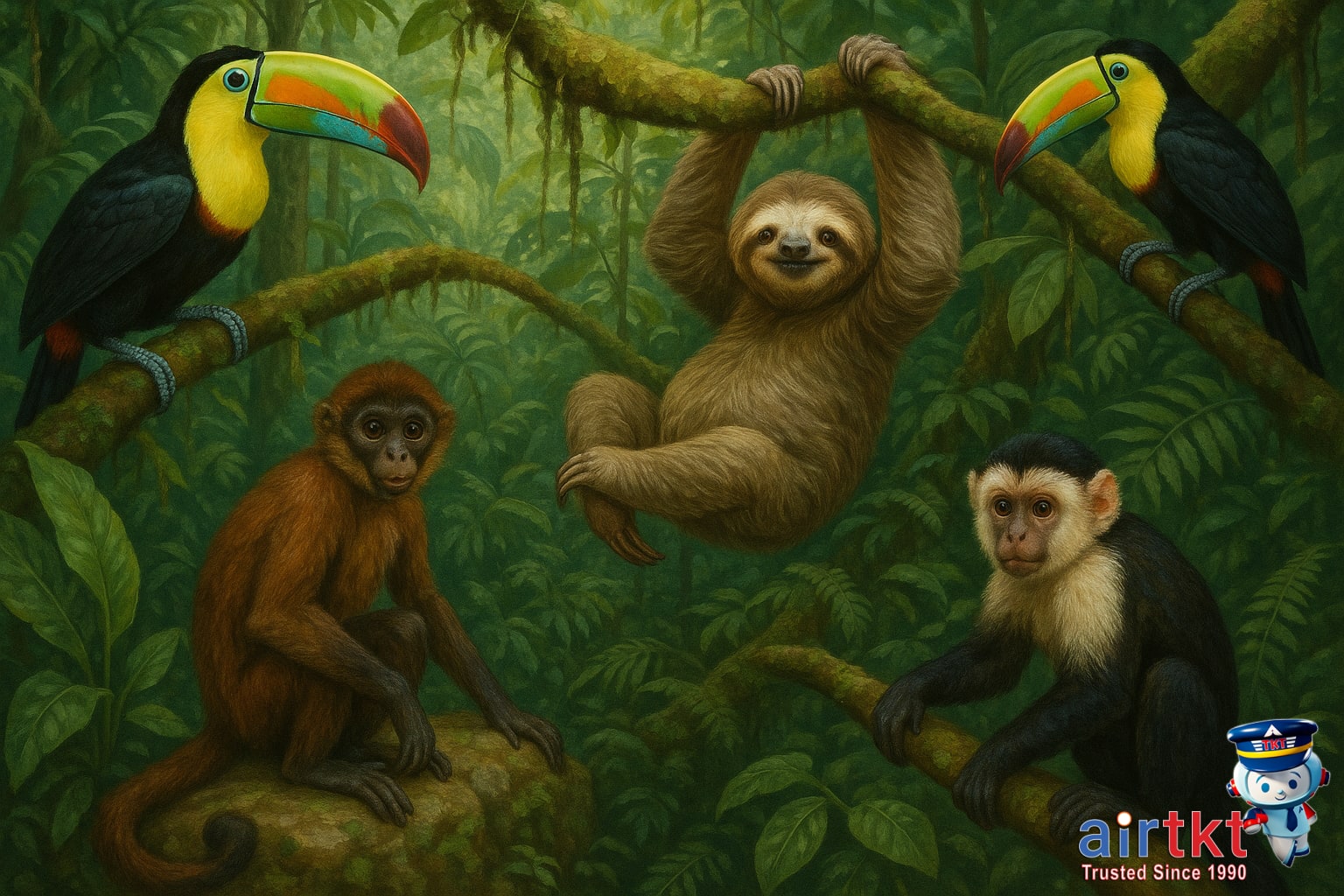 Costa Rica rainforest wildlife including toucans, sloths, and monkeys in lush forest