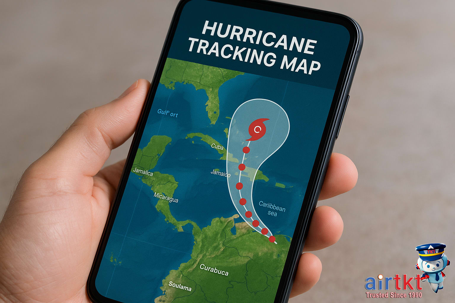 Smartphone displaying latest Caribbean hurricane tracking map and weather alerts