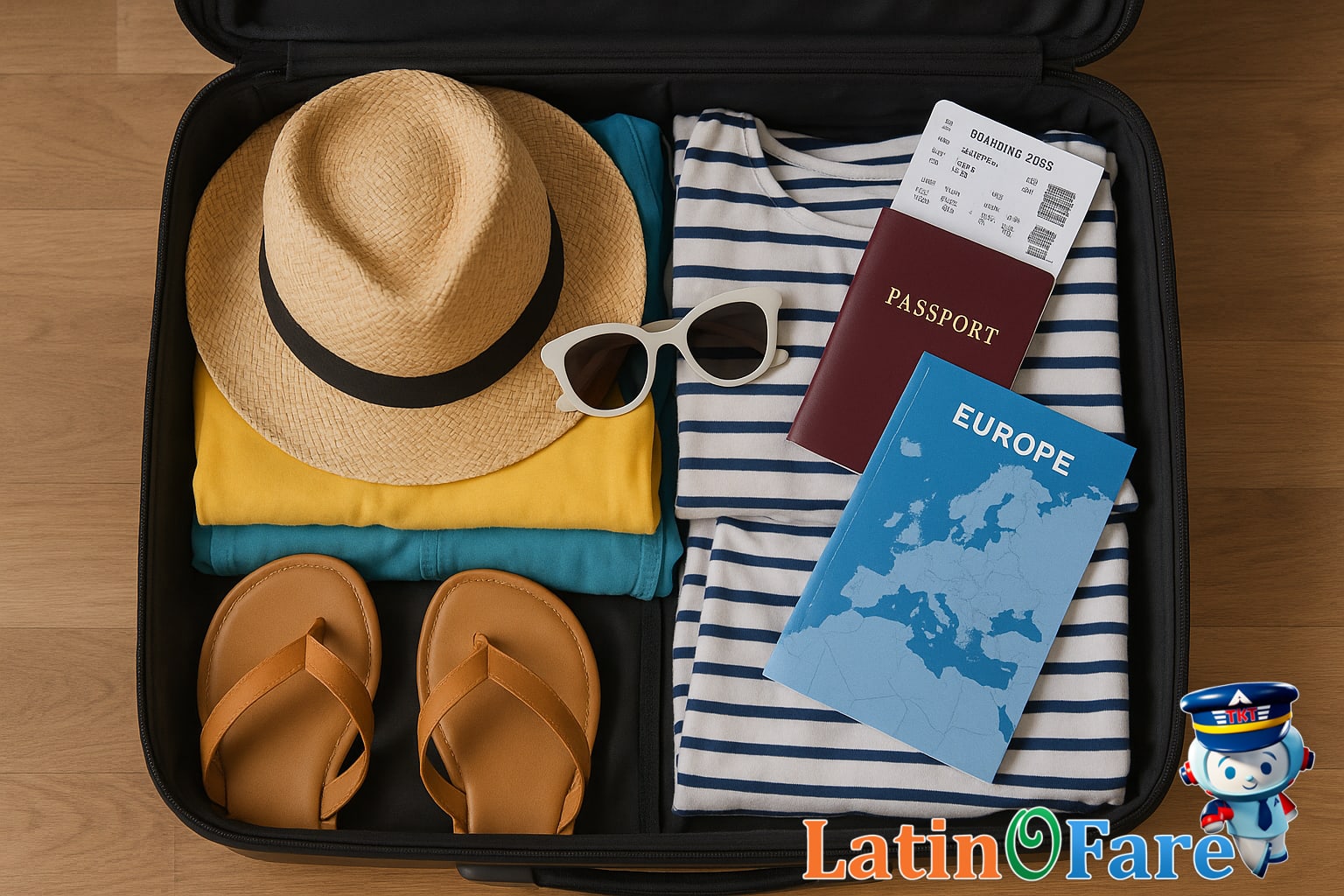 Packed suitcase with summer essentials, travel documents ready for a Europe vacation during peak season.