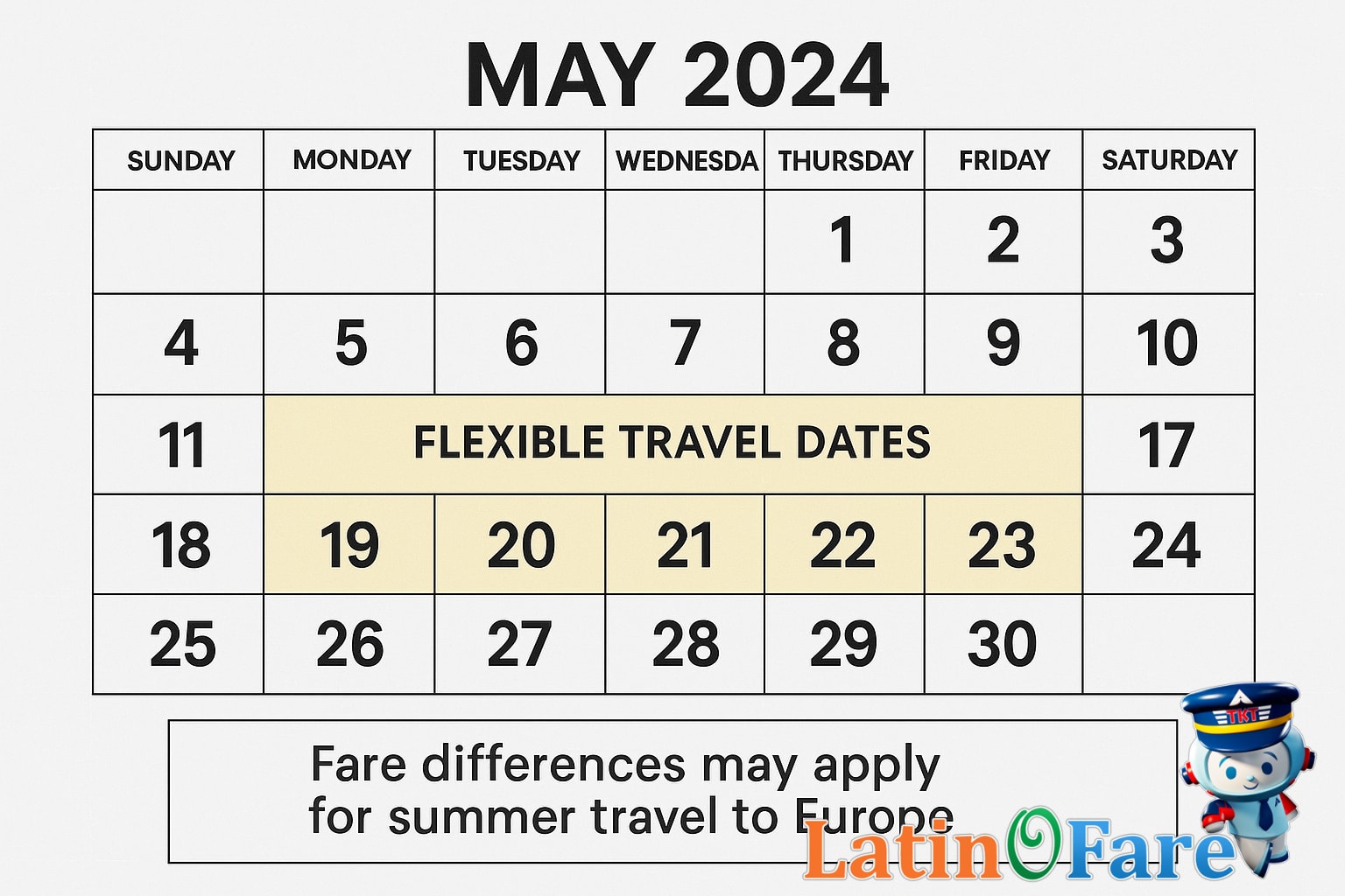 Flexible summer travel calendar with multiple Europe booking dates highlighted for airfare research and budget planning.