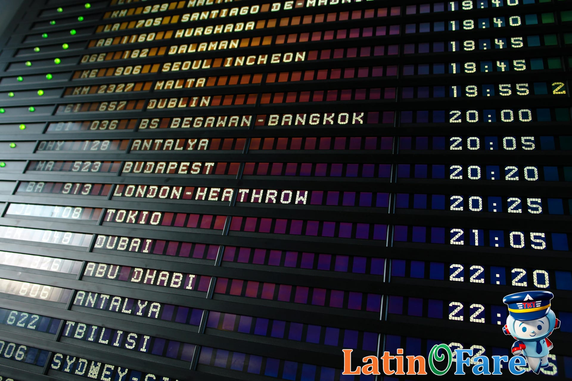 Airport departure board showing Europe flights during summer peak season, a key concern while booking.