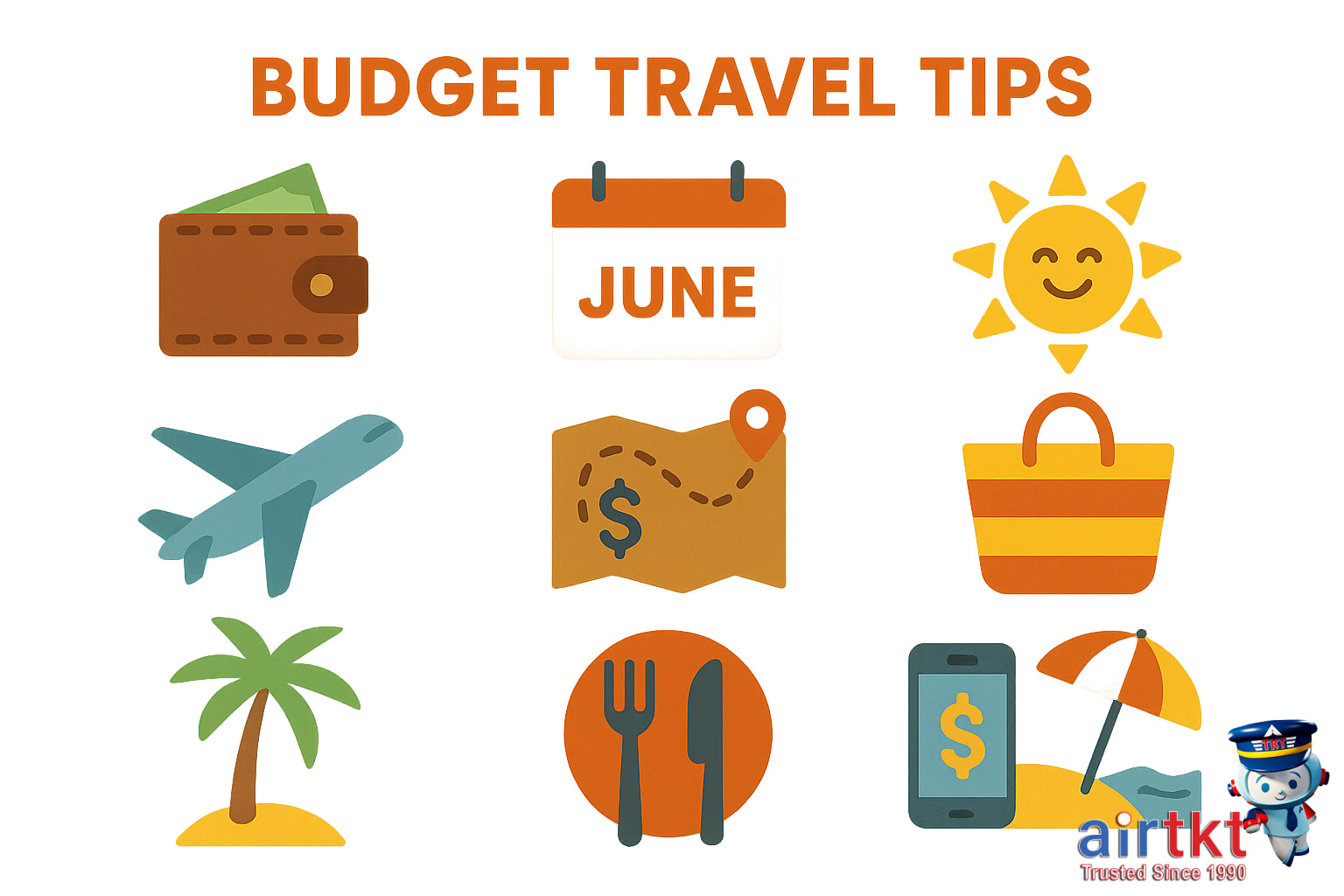 Budget travel tips for June travel with icons for saving on accommodation and activities.