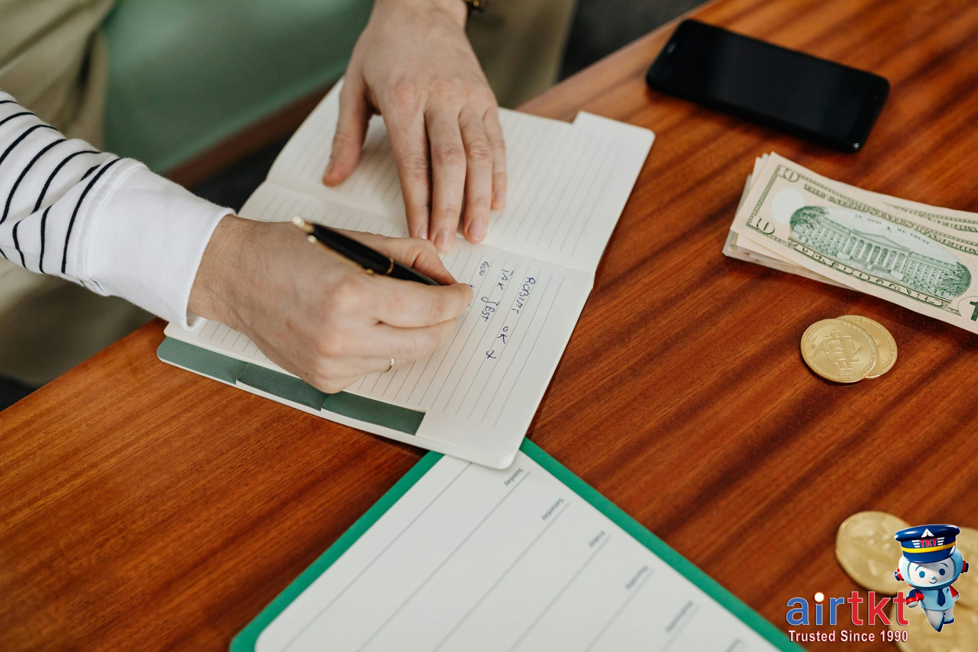 Budget planning table for solo female travel costs with notes and cash