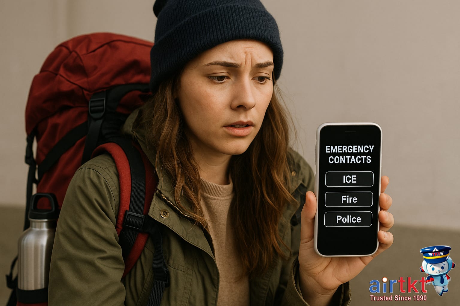 Solo female traveler prepared with emergency contacts on smartphone