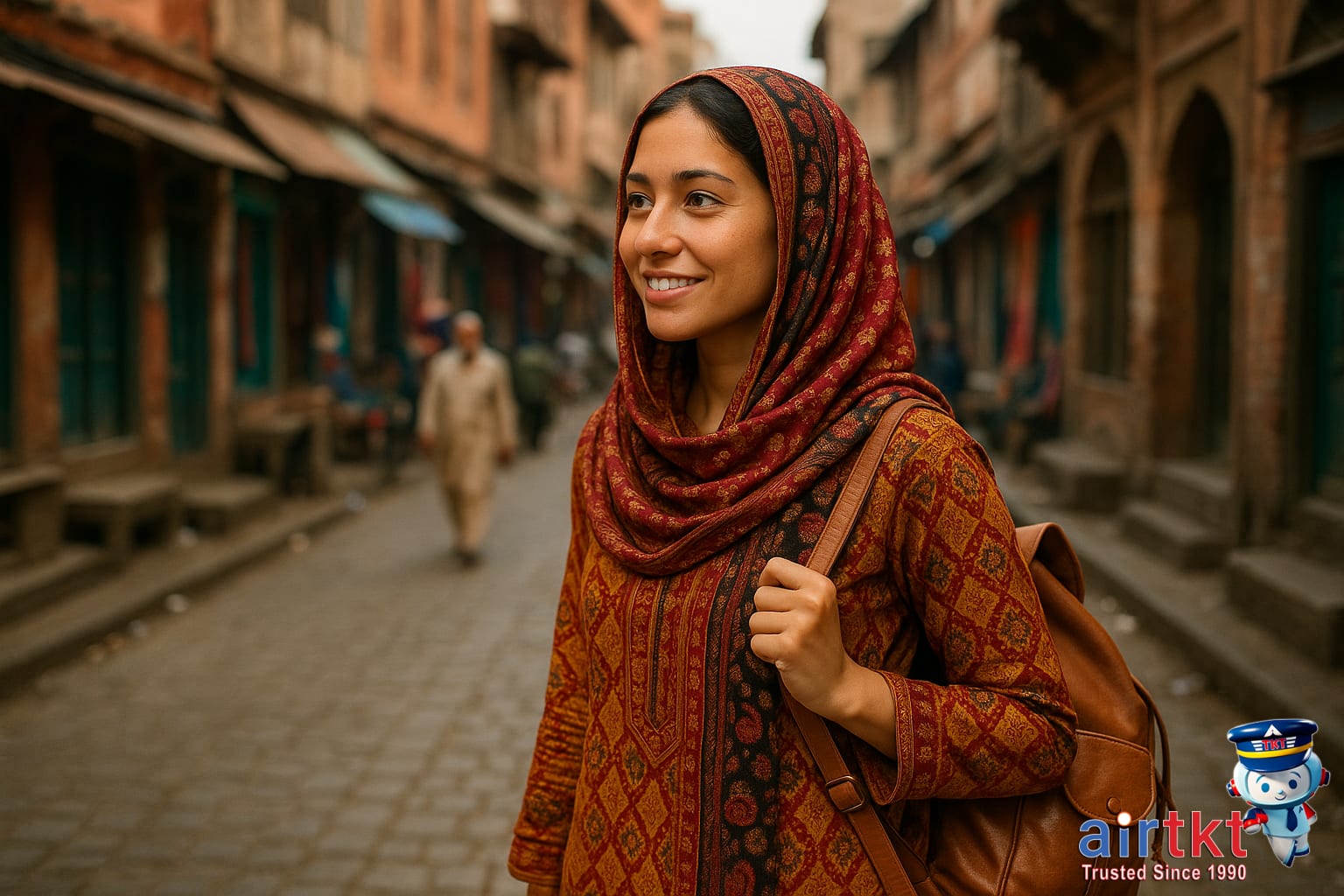 Solo female traveler dressed to blend in with local culture on street