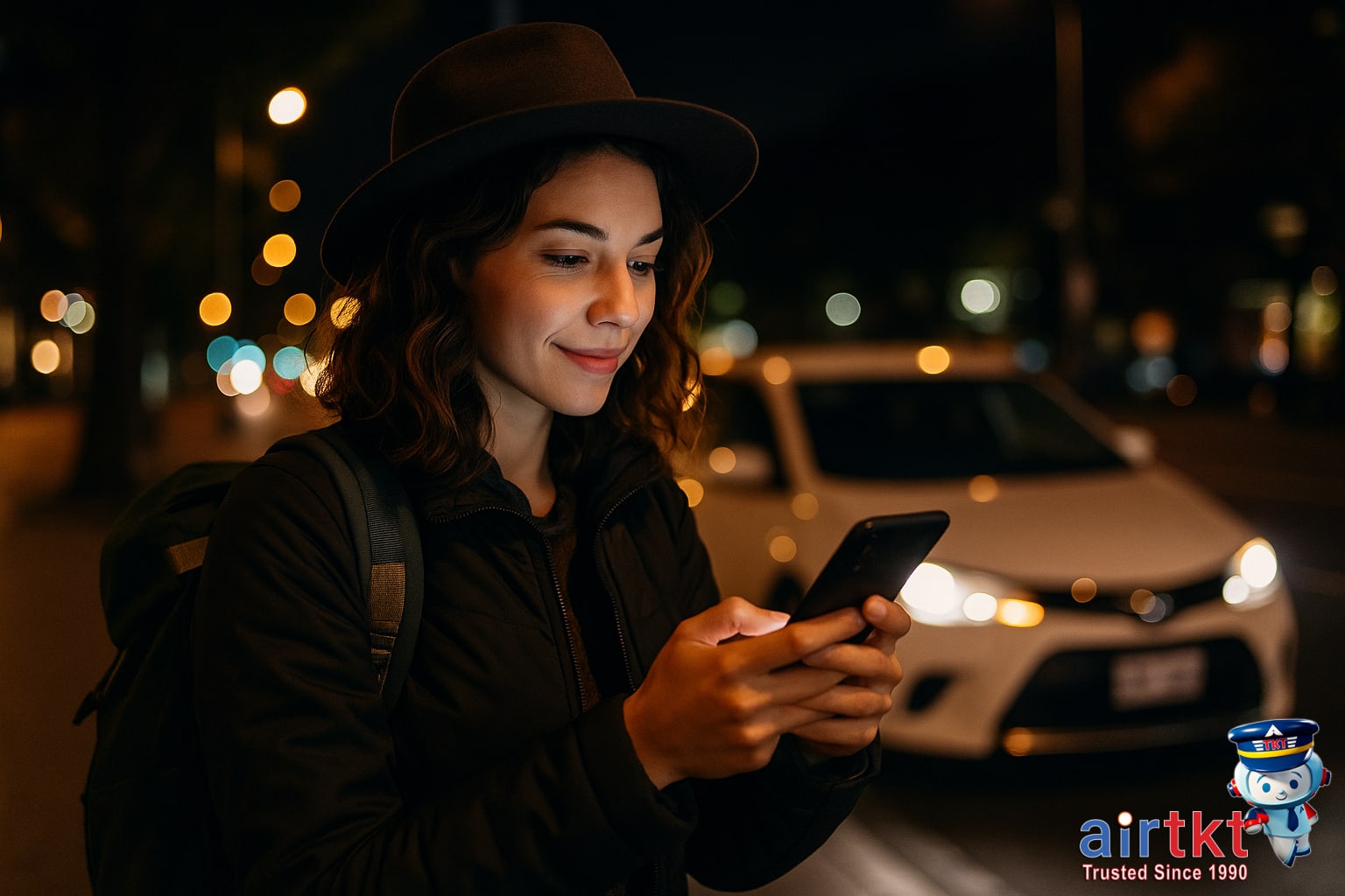 Female solo traveler booking safe transportation by phone at night