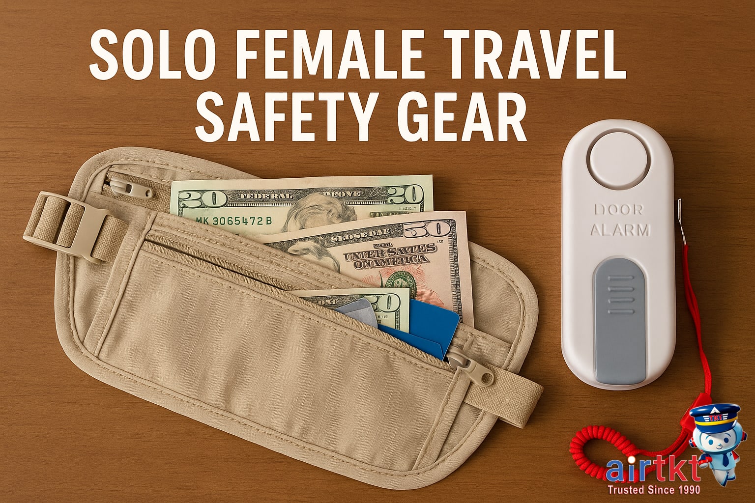 Solo female travel safety gear essentials on table