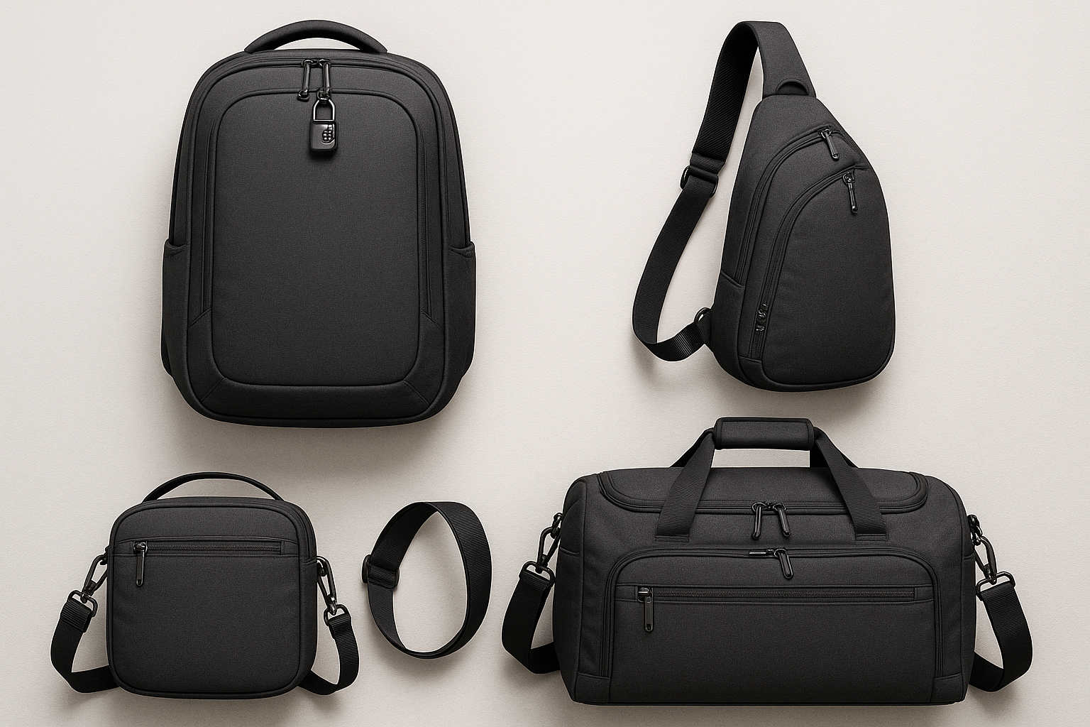 A row of anti-theft travel bags, chosen for optimal pickpocket prevention when traveling abroad.