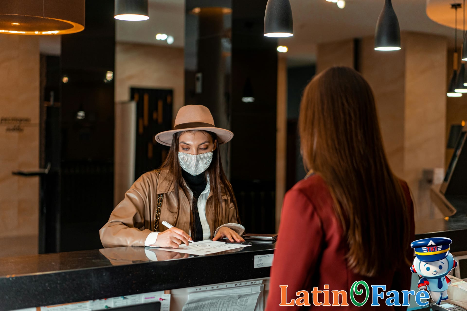 Hotel reception desk with visible security features for choosing a safe hotel