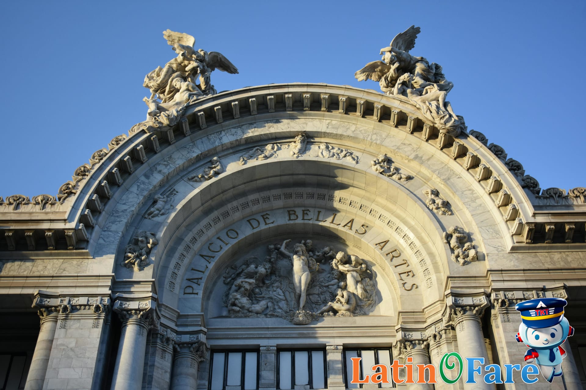 Detailed facade of Palacio de Bellas Artes in the heart of Mexico City historic center