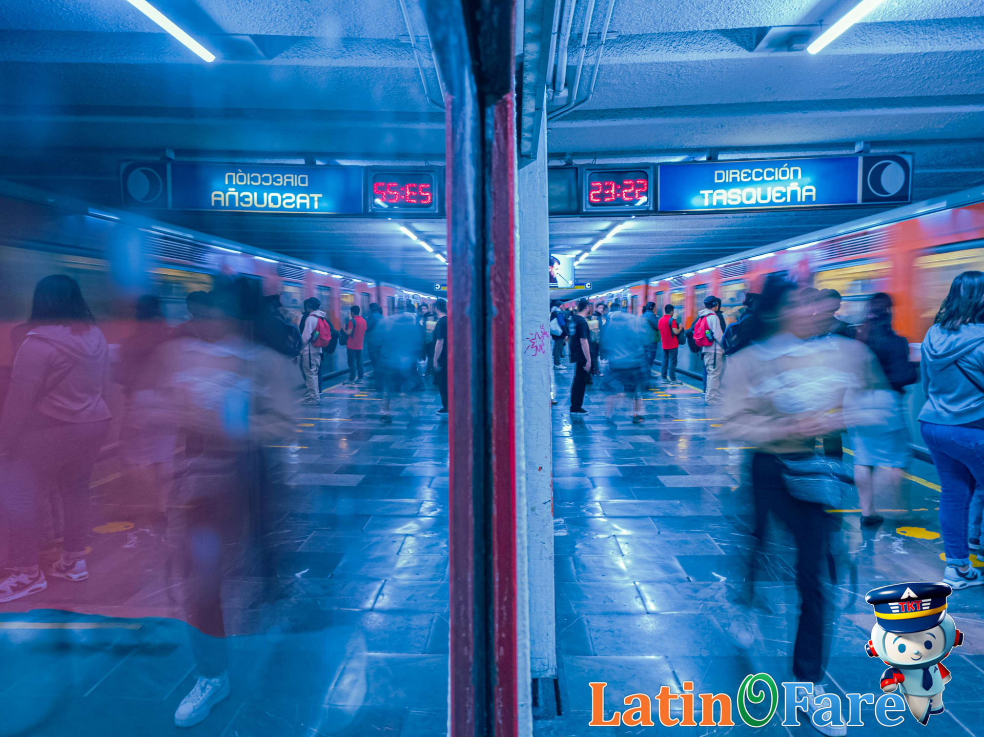 Commuters bustle through a colorful Mexico City Metro station with train arriving