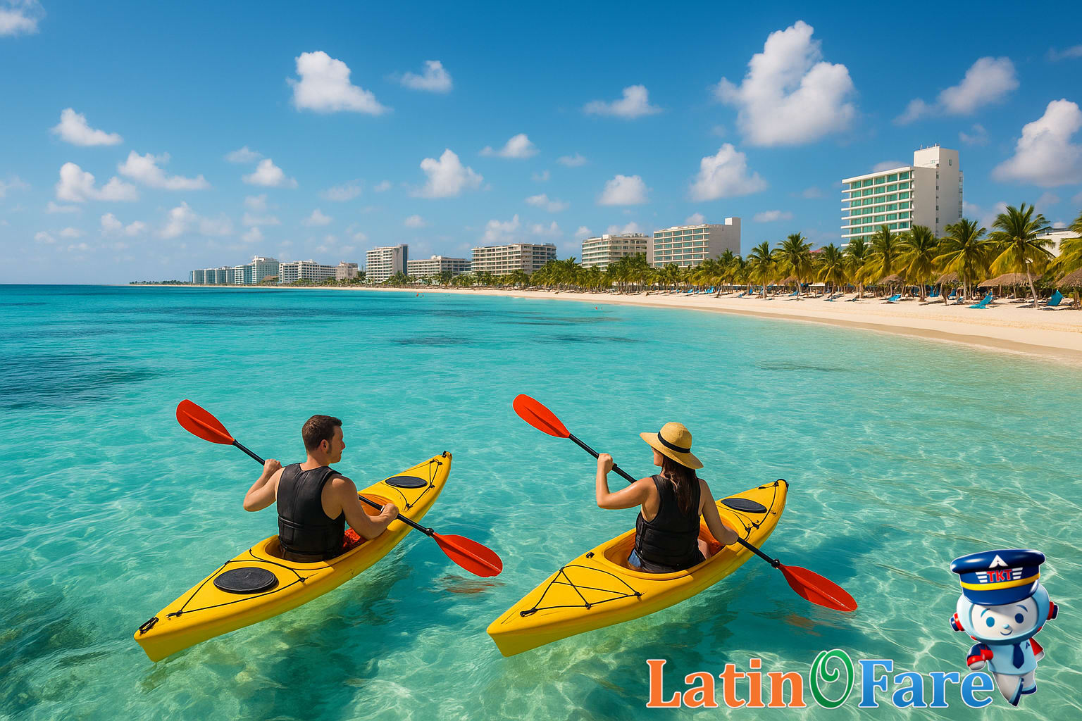 Tourists kayaking in turquoise Cancun waters, illustrating the variety of activities within travel budget tiers.