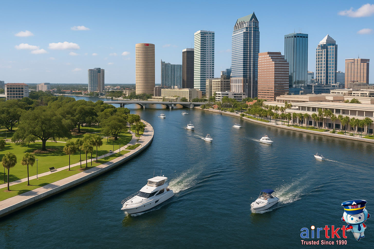 Scenic Tampa waterfront with boats and green spaces on a sunny day