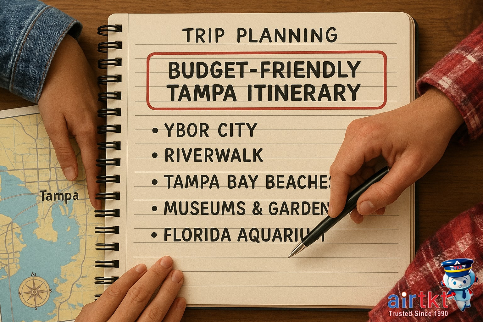 Travelers planning a budget-friendly Tampa trip itinerary with maps and devices