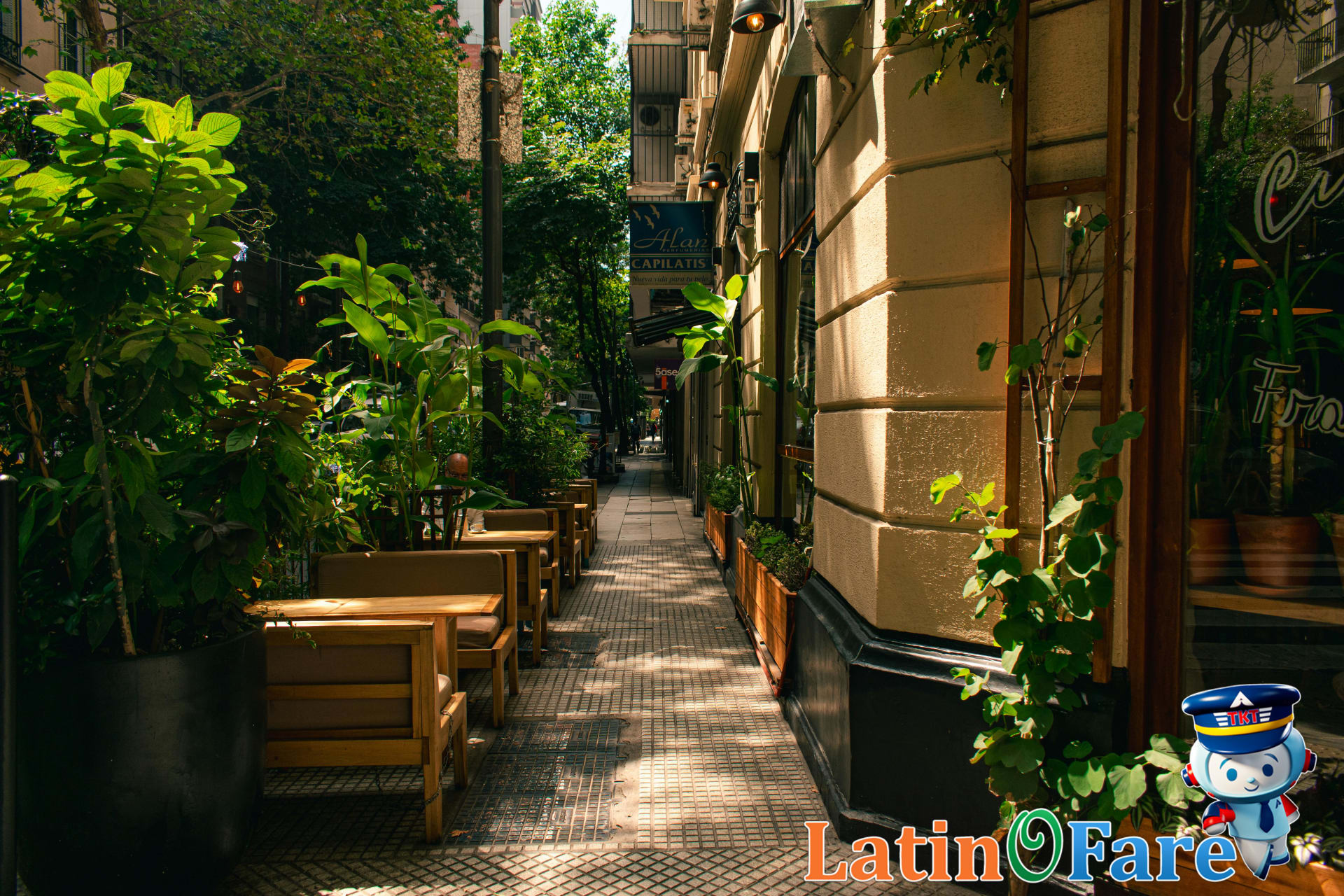May Day celebration in Buenos Aires street cafe with outdoor seating and festive crowd