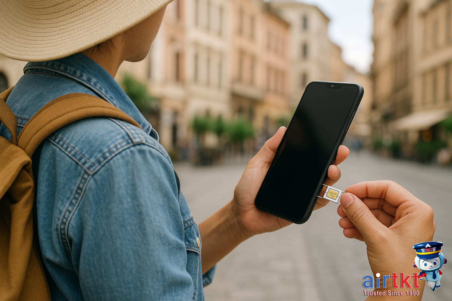 Using local SIM card by traveler inserting it into foreign smartphone