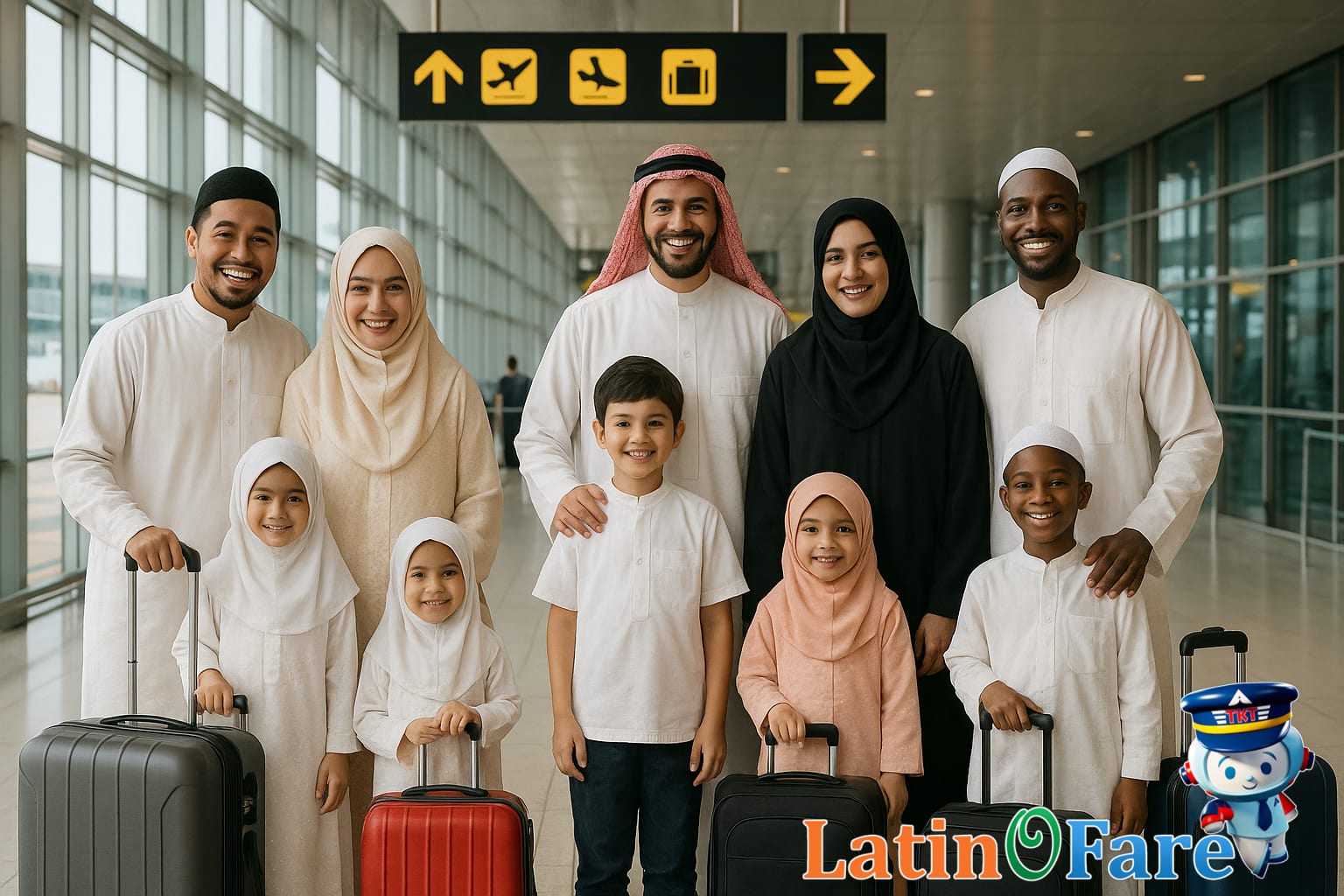 Muslim families preparing for Eid al-Adha journey at airport with luggage and smiles