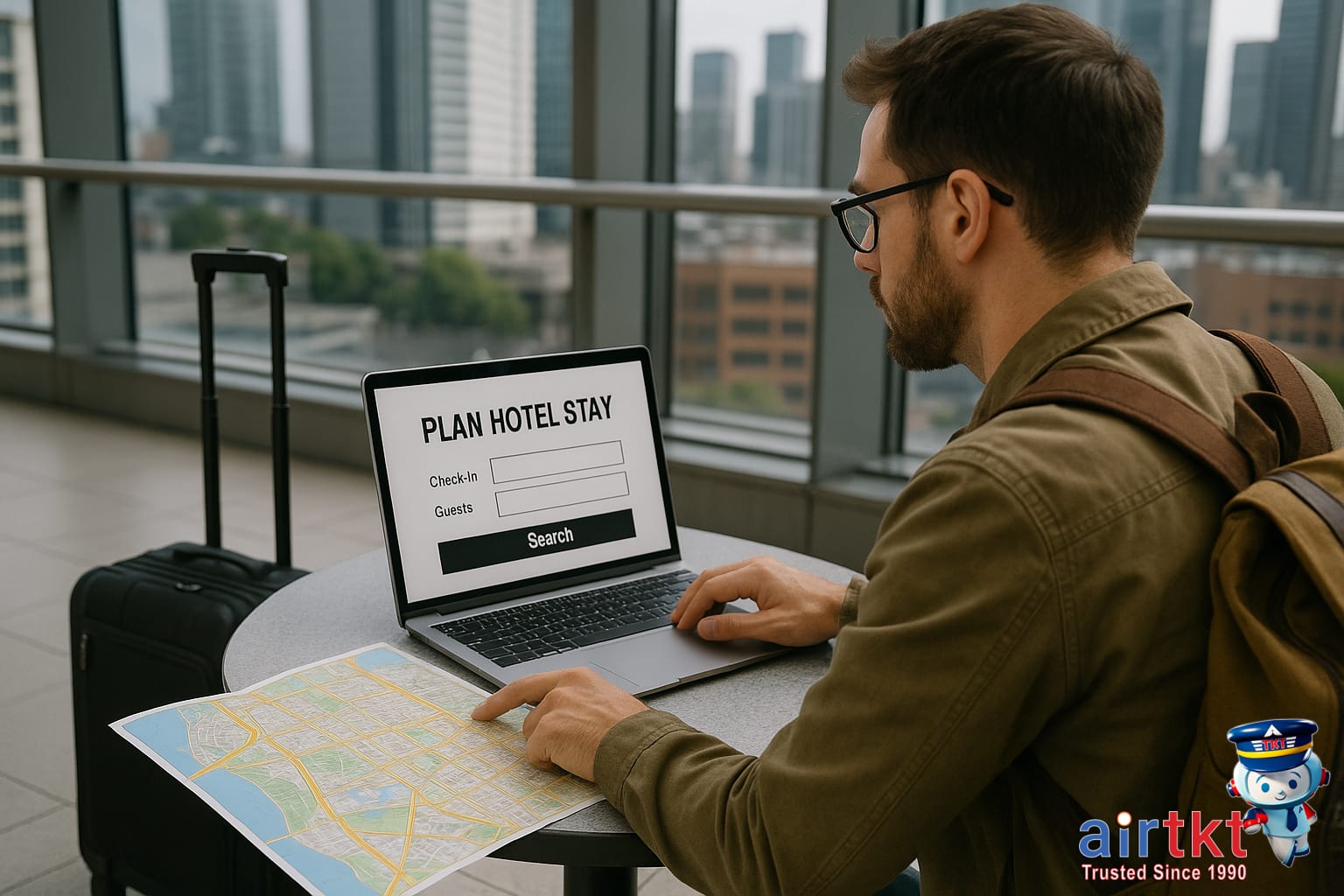 Traveler planning hotel stay between airport and downtown using map and laptop for hotel selection