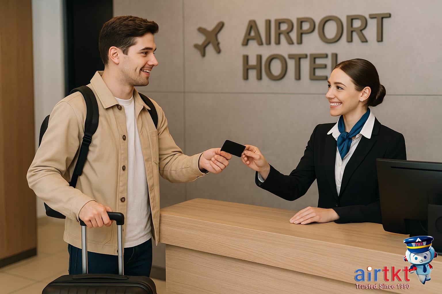 Guest checking in at airport hotel front desk for travel convenience and speedy access