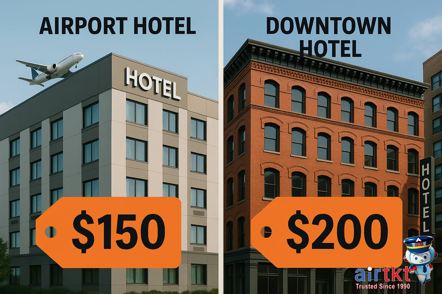 Price comparison between airport and downtown hotels with price tags and facades