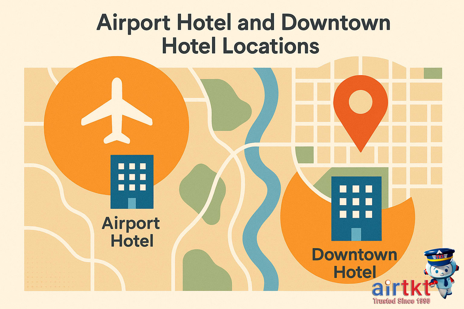 Map showing airport and downtown hotel locations with highlighted hotspots and routes.