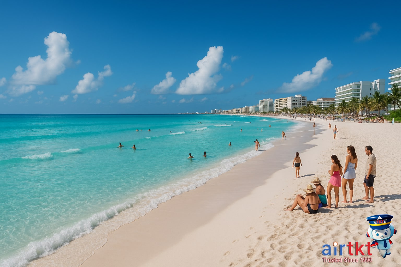 Pristine white sand beach in Cancun with tourists and clear water