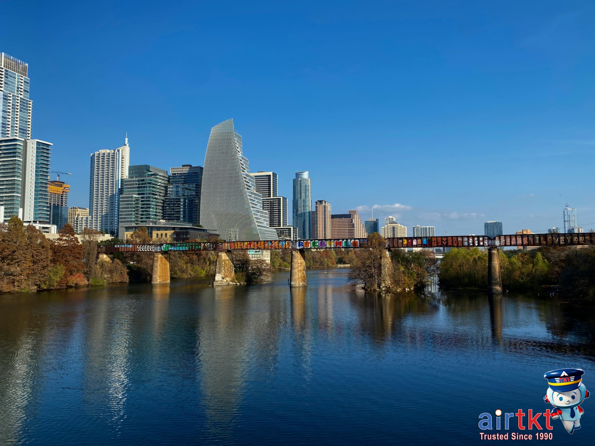 Austin skyline featuring SXSW banners during festival season in Texas