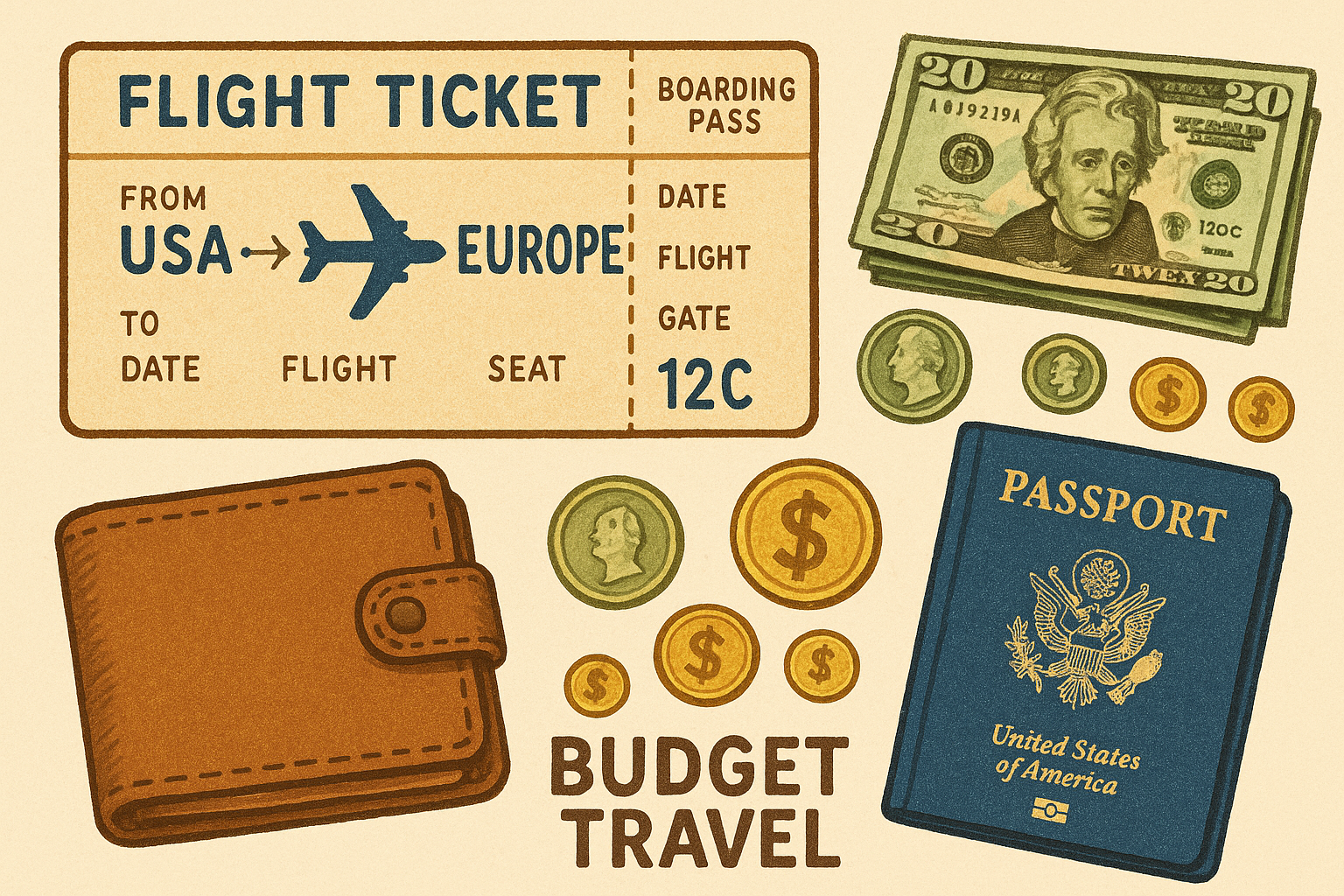Illustrated flight ticket money and travel essentials for US to Europe budget flights