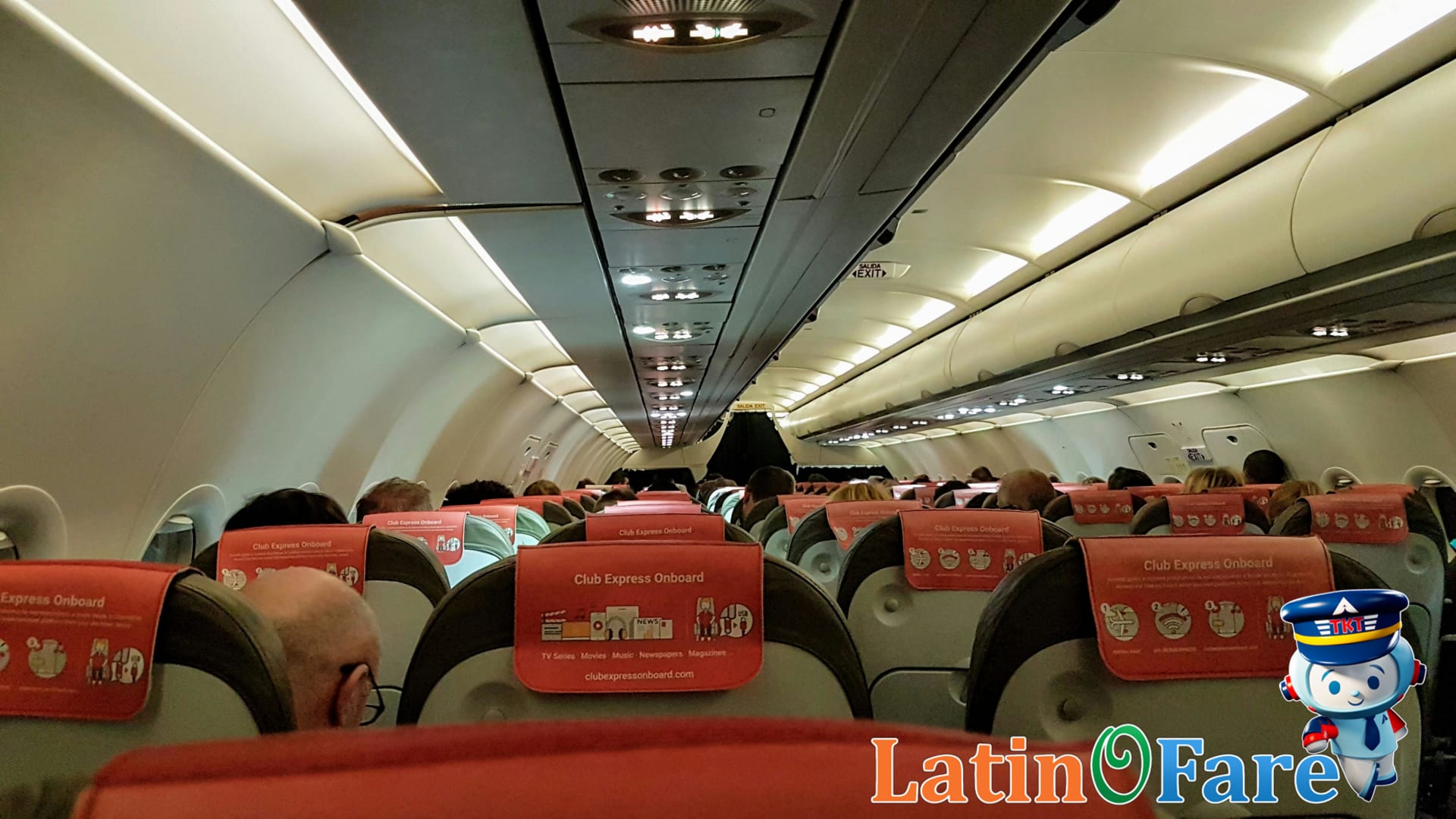 Economy airplane cabin interior of US and European airlines in flight