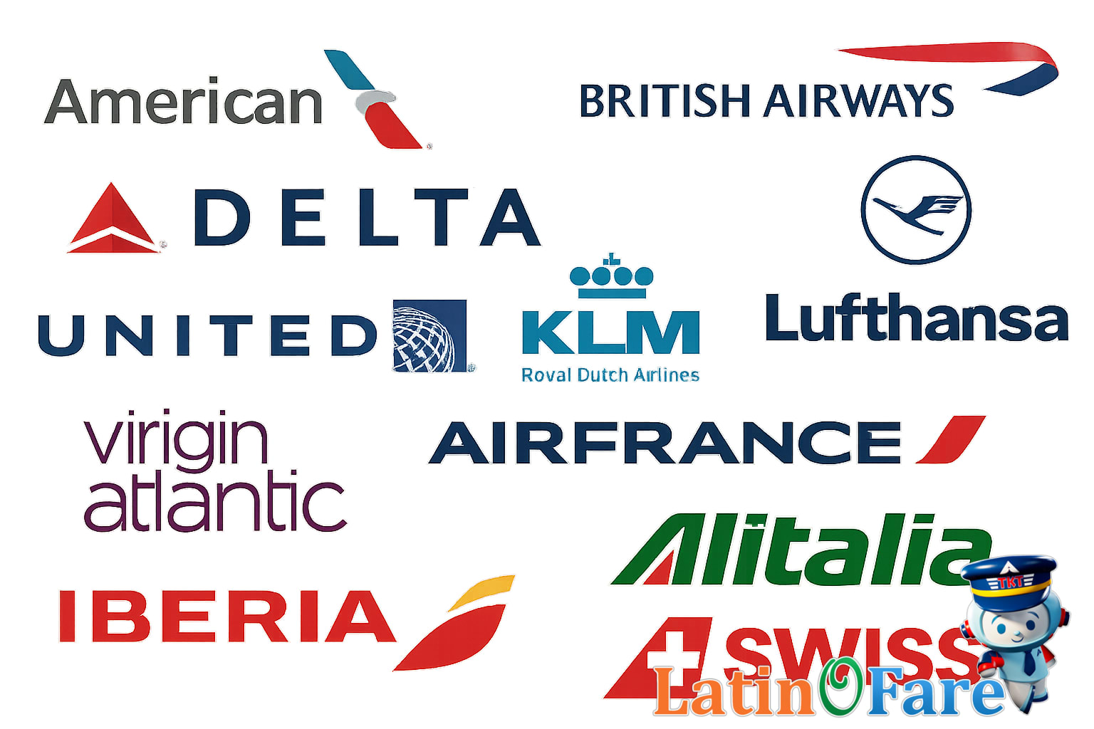 Collage of major US and European airline logos for transatlantic flights