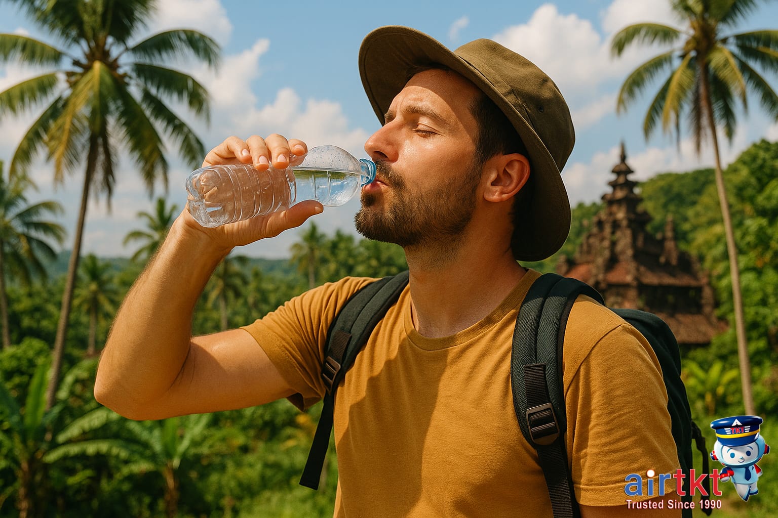 Traveler drinking bottled water in exotic location for water safety