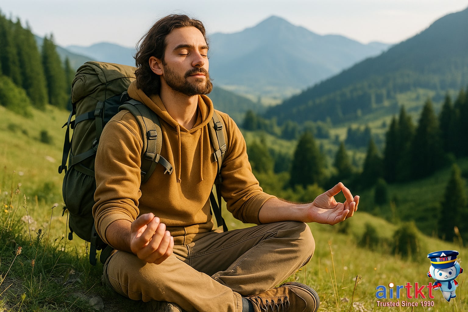 Traveler meditating outdoors with nature view for mental wellness