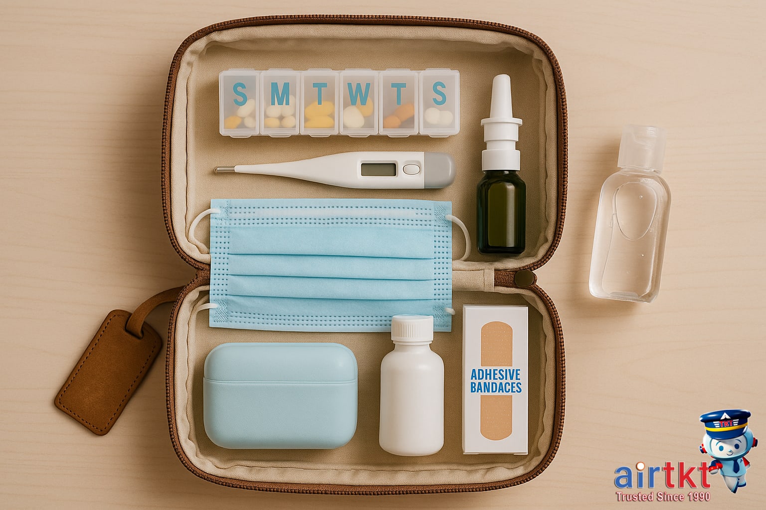 Travel bag open packed neatly with health essentials for travel