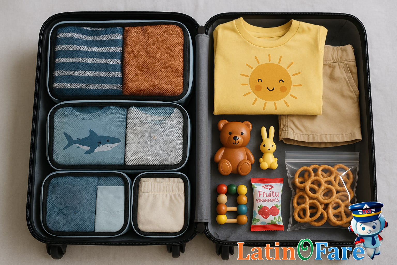 Kid friendly suitcase with organized packing cubes and travel items for family vacations of all ages.