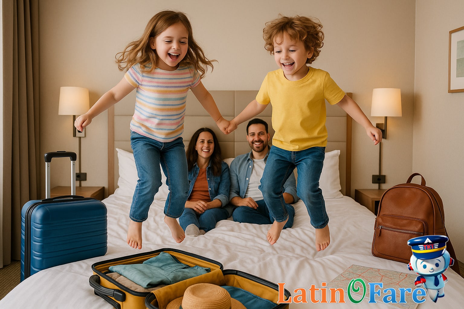 Kids jumping on hotel bed in lively family accommodation setup to make family travel fun and safe