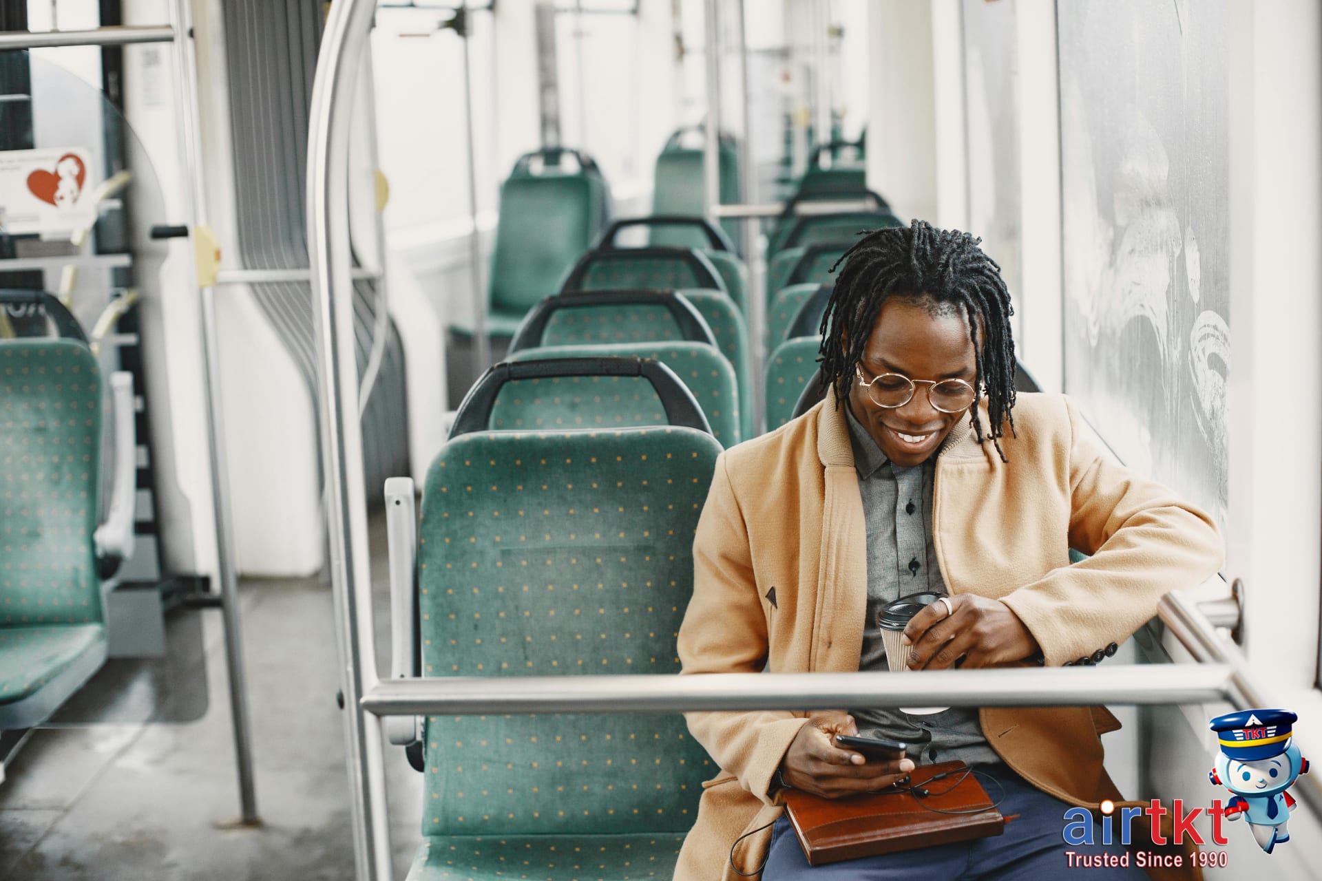 Confident traveler using Los Angeles public transit system with a smile