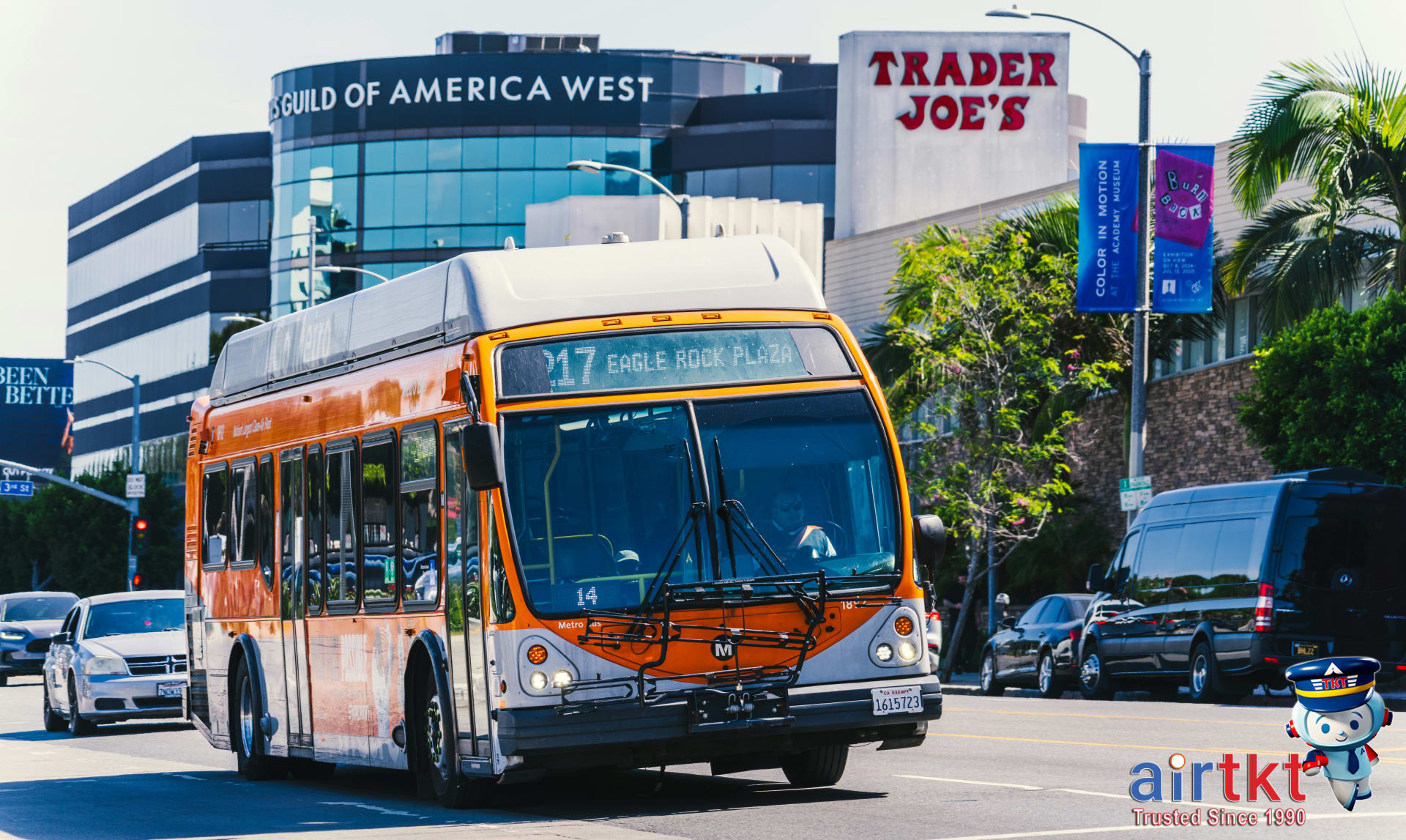 Metro bus driving through downtown Los Angeles city streets