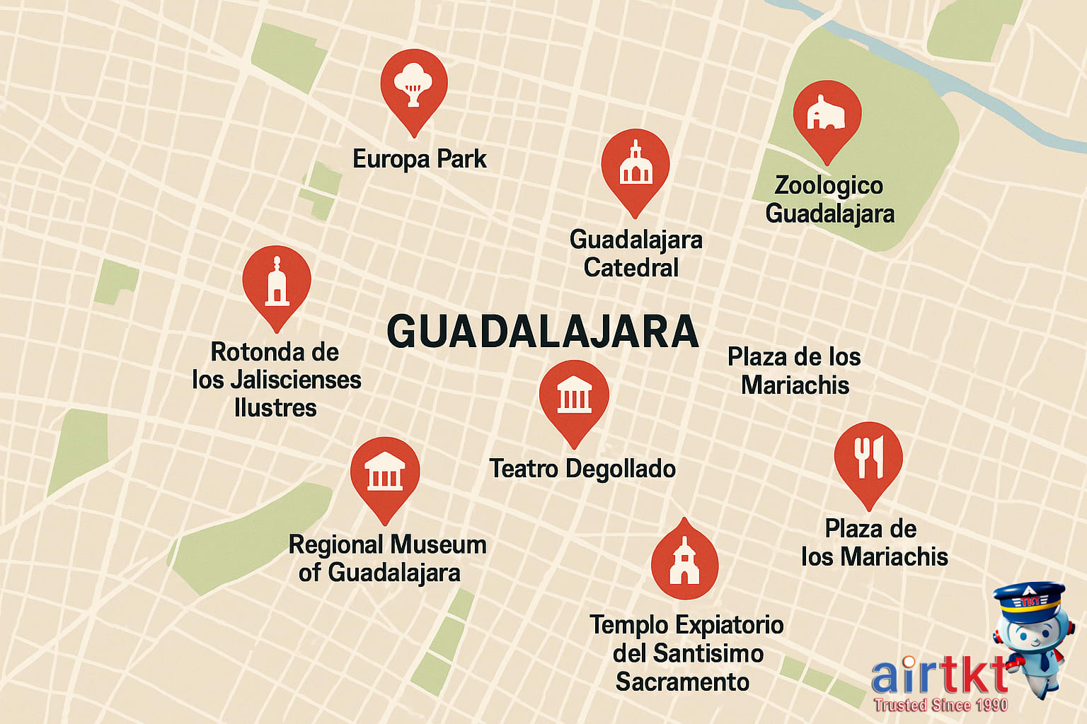 Map of Guadalajara highlighting major tourist spots and attractions for travelers