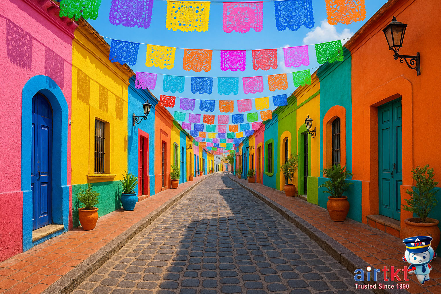 Colorful streets in Tlaquepaque with vibrant buildings and street art in Guadalajara