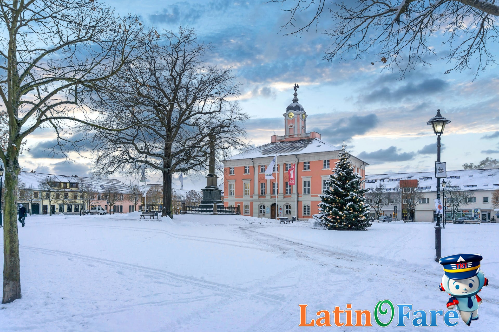 Magical winter Christmas travel destination with snowy town square and sparkling festive lights