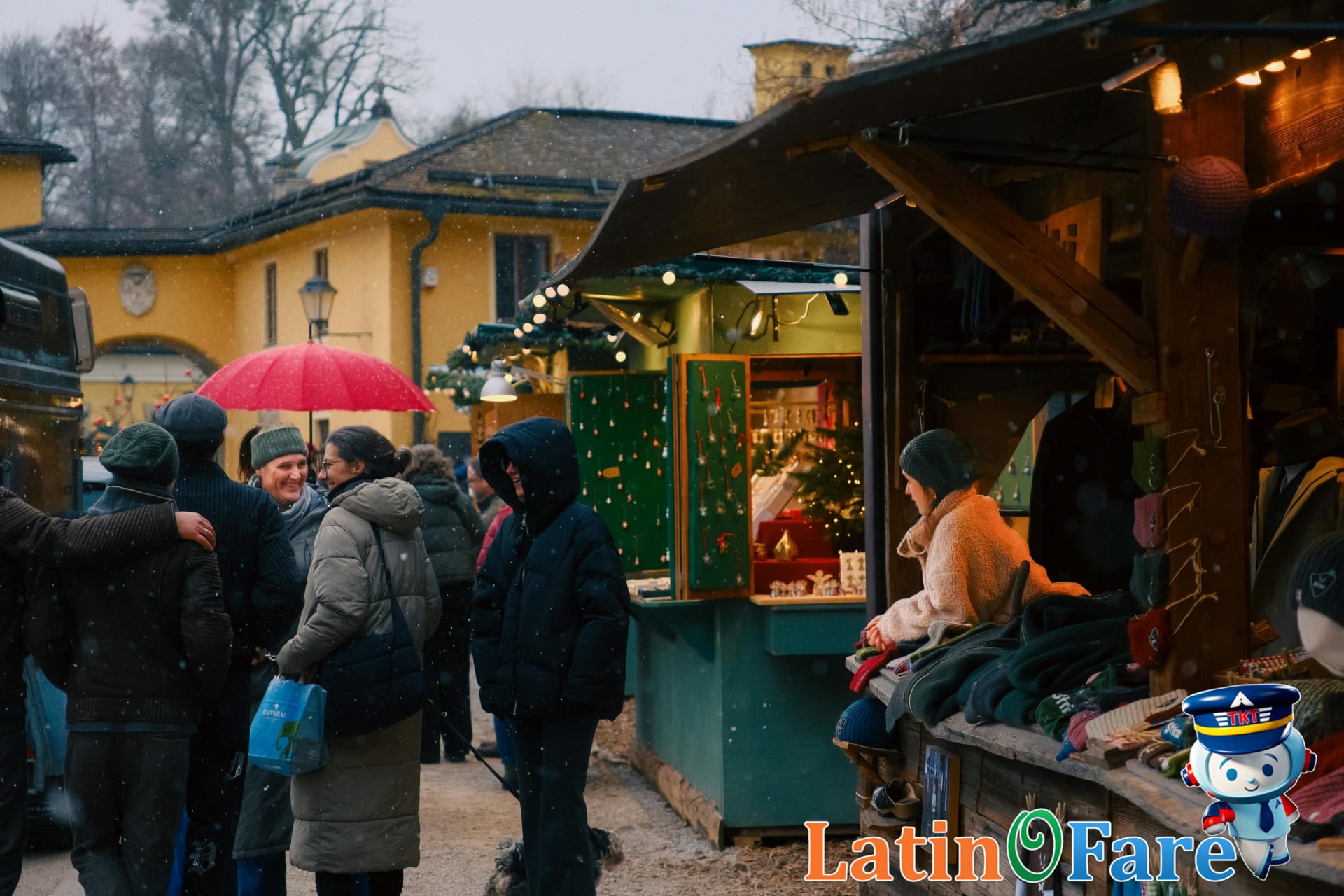 Staying safe and warm during winter Christmas travel at a cozy seasonal outdoor market