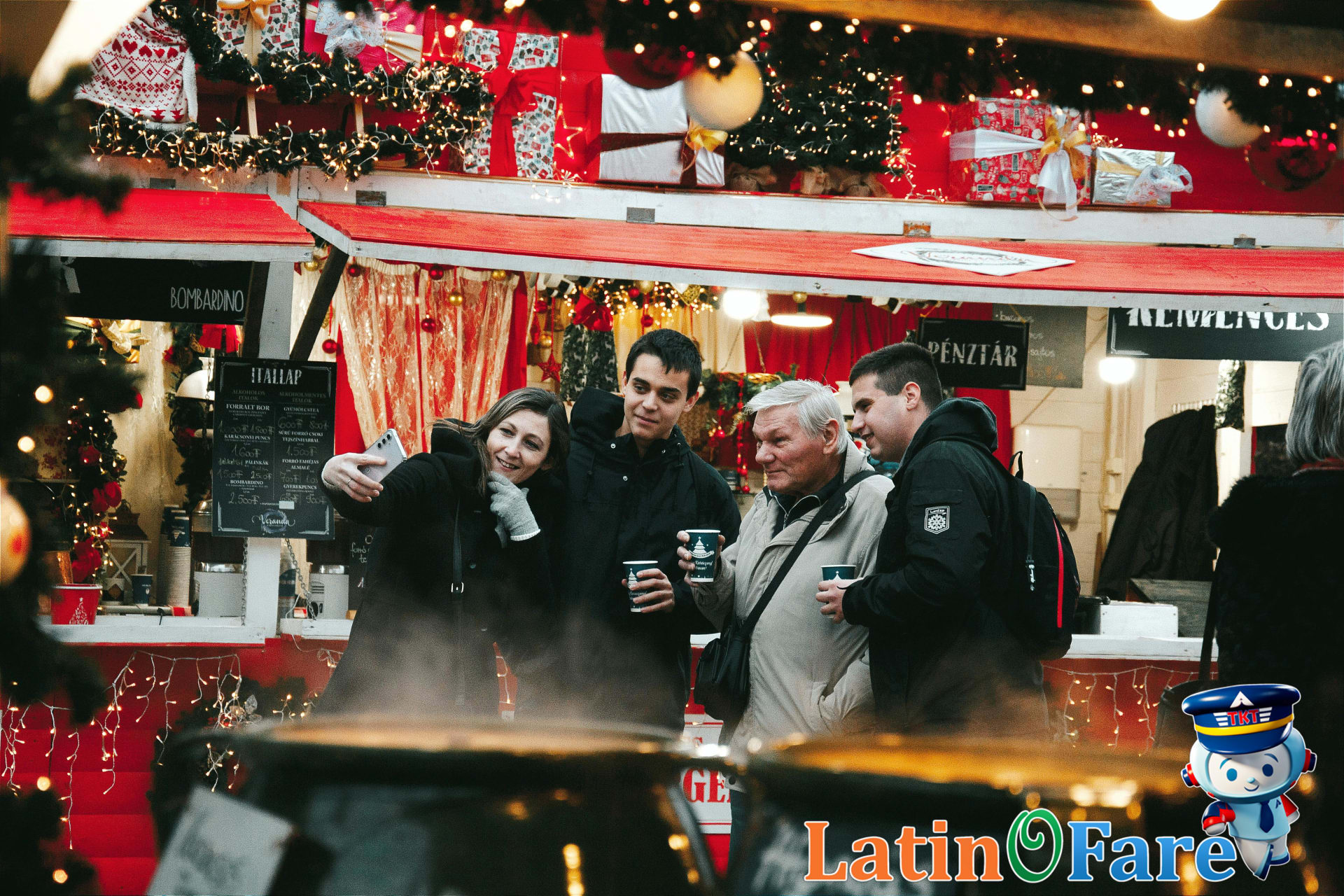 Budget-friendly Christmas travel experience at festive market with family enjoying holiday deals